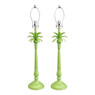 Vintage Coastal Palm Tree Table Lamps in Metallic Green Lacquer – a Pair For Sale