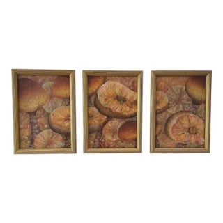 Signed Original Art Mushroom Toadstools Giltwood Framed Triptych For Sale