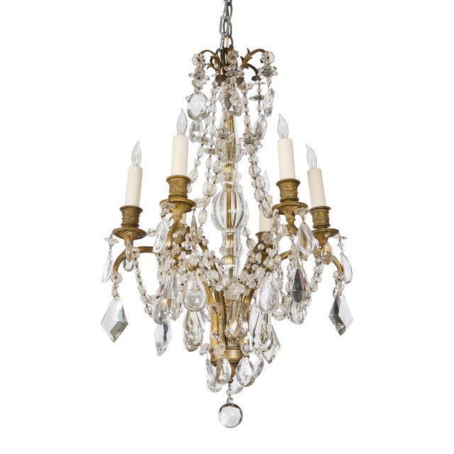 French Antique Petite French 6 Light Gilt-Bronze and Crystal Chandelier For Sale - Image 3 of 8