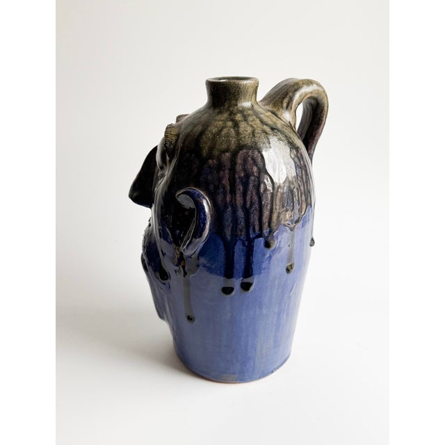 Vintage Georgia Folk Pottery Face Jug by Dal Burtchaell – Blue Glaze Sculptural Pitcher – Southern Folk Art For Sale In Washington DC - Image 6 of 12