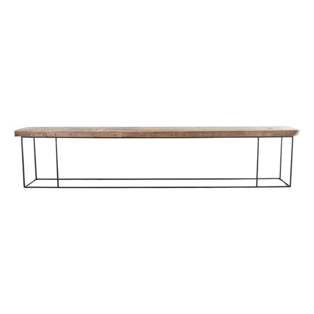 Monumental Reclaimed Wood Plank Top Iron Console 13.5 Ft For Sale