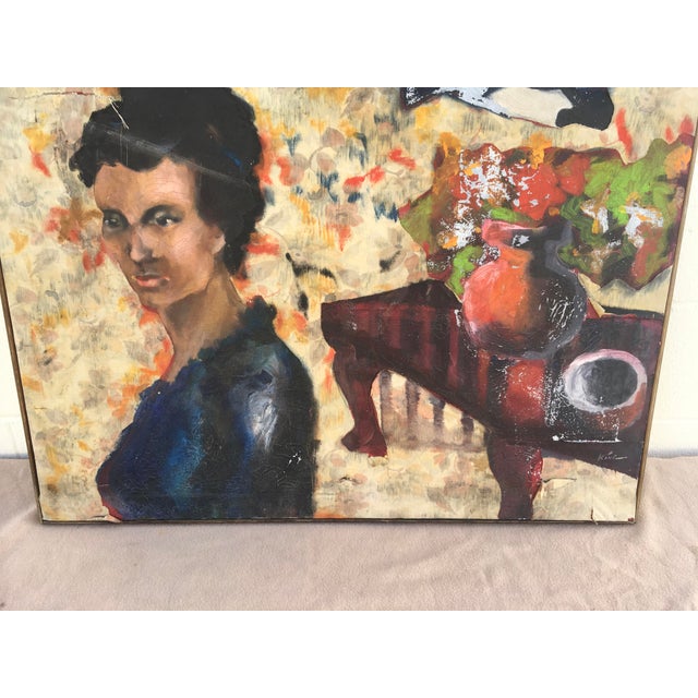Vintage Original Portrait Still Life Oil Painting Large 34x36 For Sale - Image 4 of 5