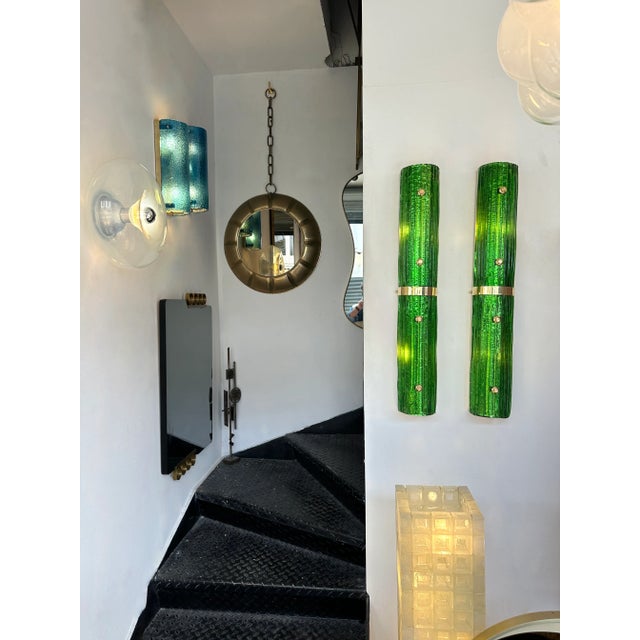 Mid-Century Modern Contemporary Pair of Brass and Green Murano Glass Sconces, Italy For Sale - Image 3 of 12