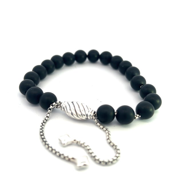 Metal 1990s David Yurman Authentic Estate Matte Onyx Beads Bracelet 6.6 - 8.5" Silver 8 mm For Sale - Image 7 of 11
