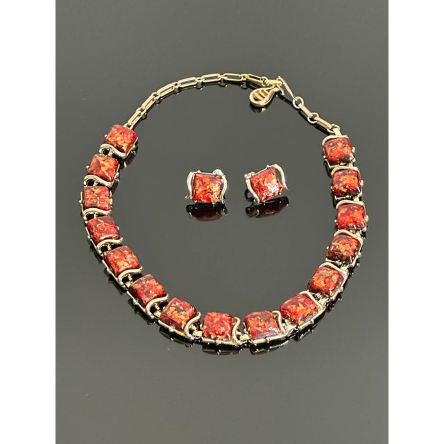 Coro Vintage 1950's Coro Autumn Lucite Confetti Burnt Necklace and Earrings Set Orange Gold Flakes - 3 Pieces For Sale - Image 4 of 12
