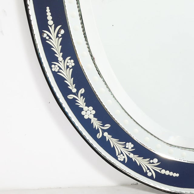 Mid-Century Venetian Glass Reverse-Etched Oval Mirror W/ Sapphire Blue Border For Sale - Image 11 of 16