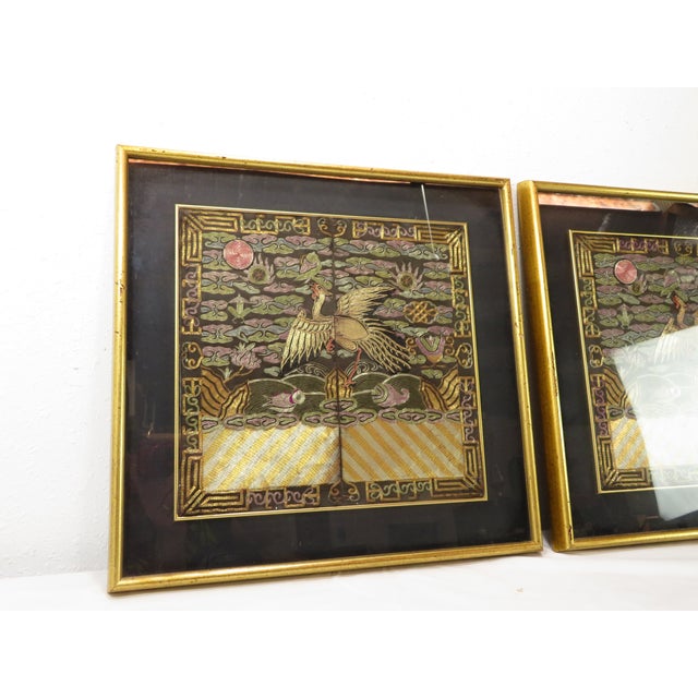 Pair of antique Qing Dynasty Silk Buzi Badges, professionally framed up and ready to be hung now. Please zoom in on all of...