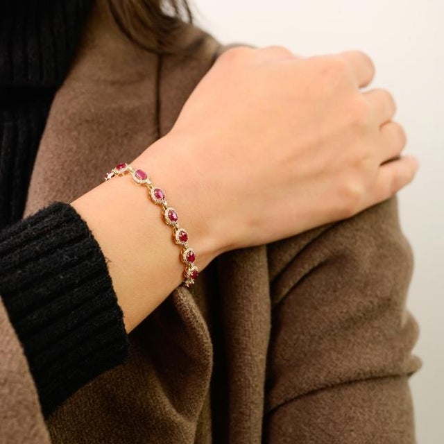 3.71 CTW Ruby Halo Diamond Modern Tennis Bracelet in 14k Yellow Gold For Sale In New York - Image 6 of 14