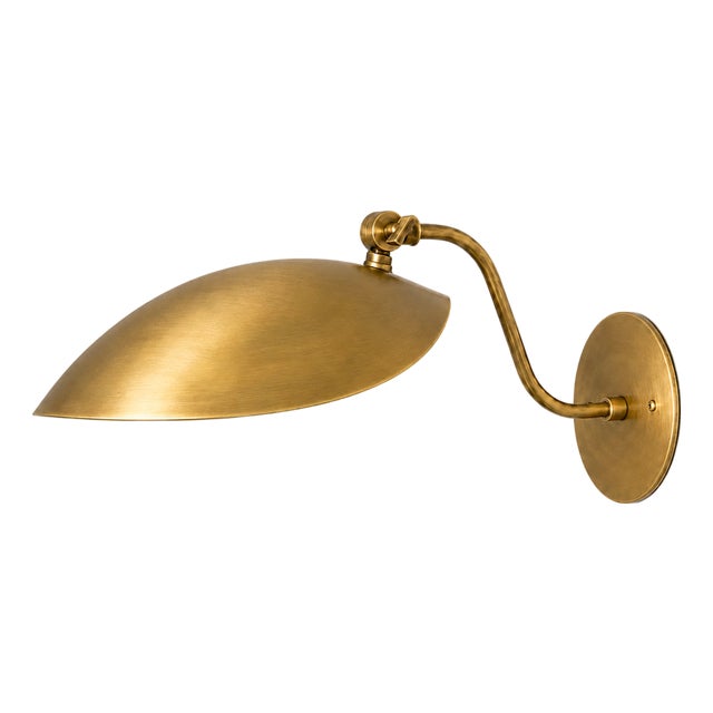 Adjustable Arm Wall Light, Bedroom Reading Light, Handcrafted Solid Brass Wall Sconce With Curved Arm and Wide Dome Shade For Sale