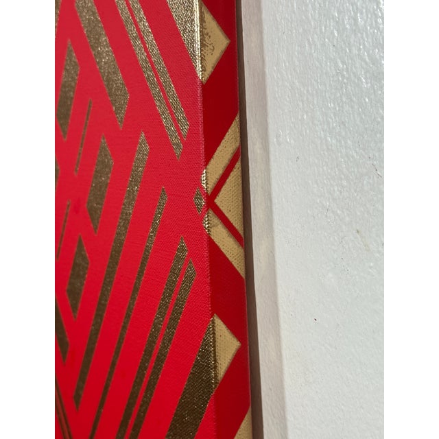 2020s Abstract Geometric Mid-Century Modern Op Art Painting on Canvas “Gold Royal Red” For Sale - Image 5 of 6