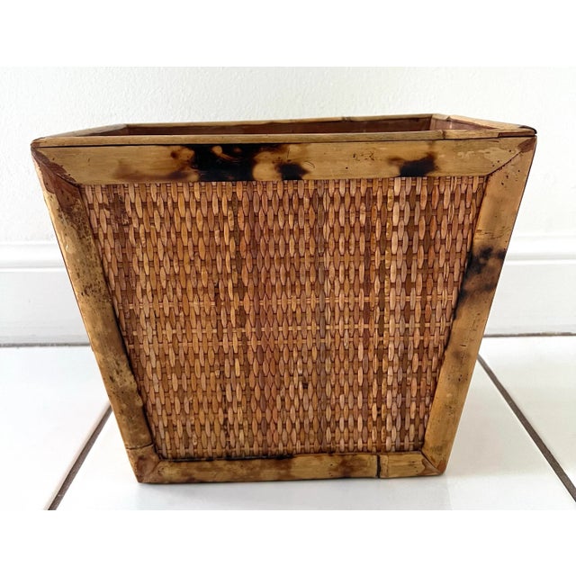 Vintage French tortoise rattan wastebasket with thick bamboo sides Rectangular shapes tortoise bamboo rattan wastebasket...