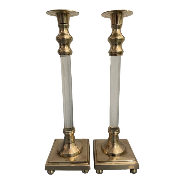 1970’s Hollywood Regency Lucite and Brass Candle Sticks - a Pair For Sale