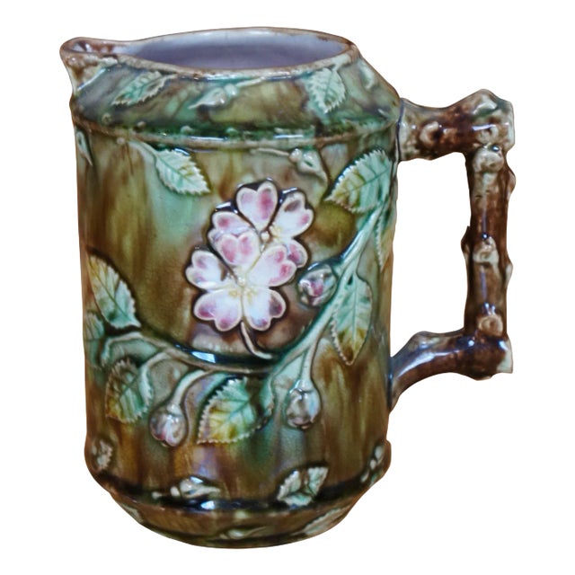 Antique Majolica French Barbotine Dog Rose Flower Blossom Water Pitcher Jug For Sale