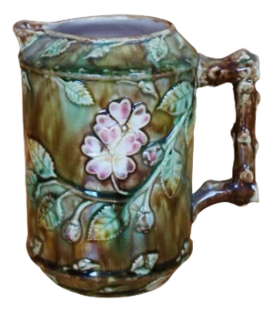 Antique Majolica French Barbotine Dog Rose Flower Blossom Water Pitcher Jug