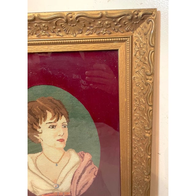 Antique 1800's Victorian Hand Embroidered Figural Lady Needlepoint Portrait Art For Sale In New York - Image 6 of 8