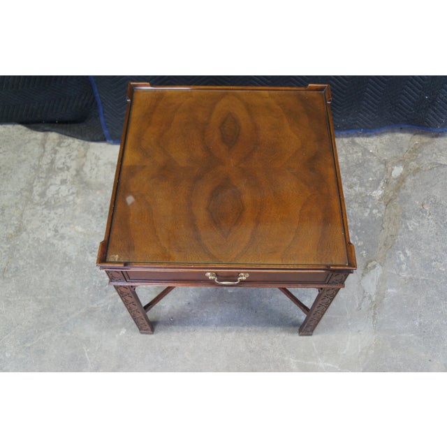 Wood Late 20th Century Vintage Baker Chinese Chippendale Mahogany Carved Square End Table with Glass Top For Sale - Image 7 of 13