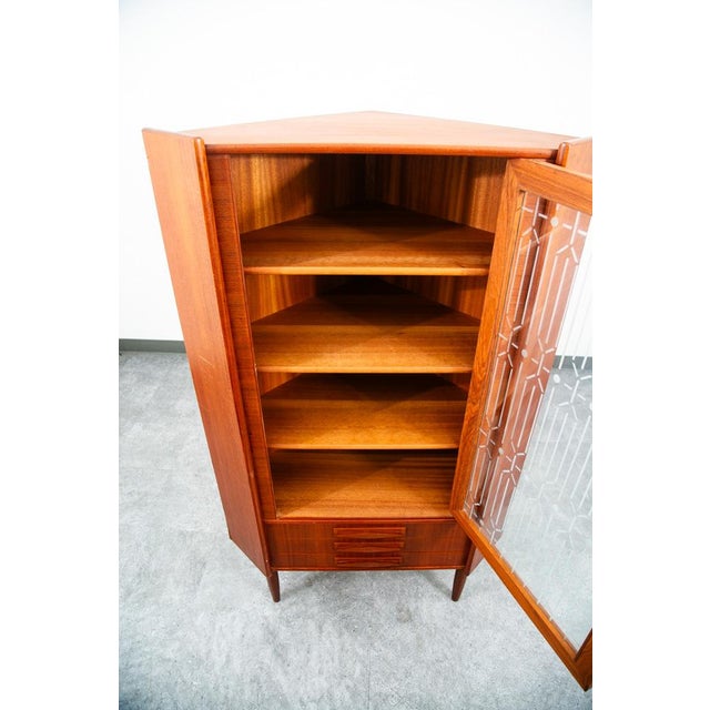 Mid Century Danish Modern Corner Cabinet Teak Wood Bar Denmark Drawers Glass MCM For Sale - Image 4 of 11