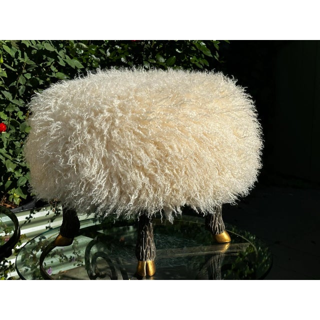 Metal Round Stool / Ottoman With Hand Carved and Patinated / Gilt “Sheep” Legs & Faux “Lambswool” Washable Upholstery/ Everage Design Workshop Made to Order For Sale - Image 7 of 8