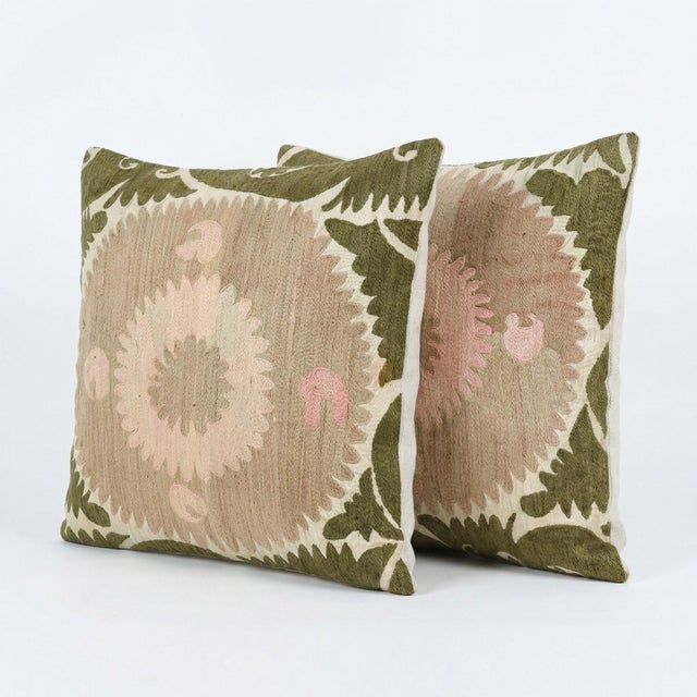 Mid-Century Modern Uzbek Suzani Pillow Cover 24'' X 24'' - Set of Two For Sale - Image 3 of 4
