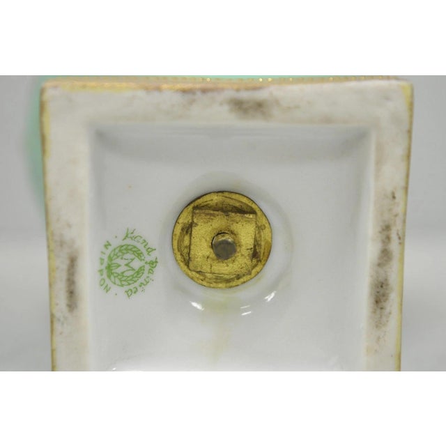 Antique Nippon Hand Painted Porcelain Windmill Scene Green Small Bolted Vase For Sale - Image 12 of 13