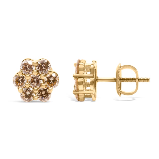 Contemporary 14K Yellow Gold 1.0 Cttw Diamond Floral Stud Earrings (J-K Color, VS2-SI1 Clarity) For Sale - Image 3 of 5
