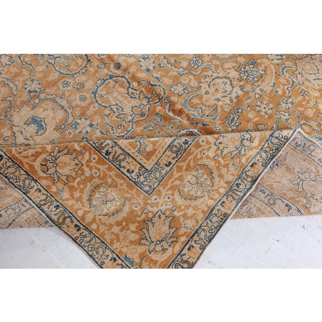 Persian Antique Persian Tabriz Yellow, Blue Handmade Wool Rug For Sale - Image 3 of 6