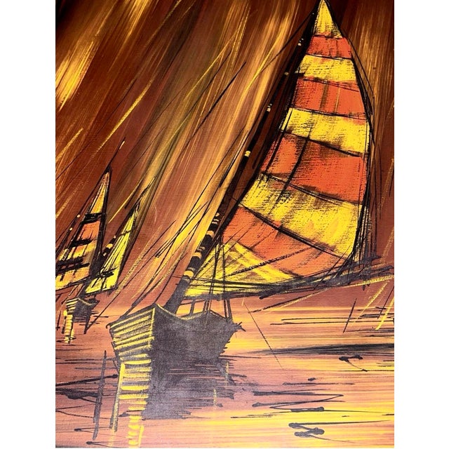 1970s Vintage Mid Century Modern Fiery Orange Abstract Sunset Sailboats Nautical Oil Painting Framed For Sale - Image 11 of 15