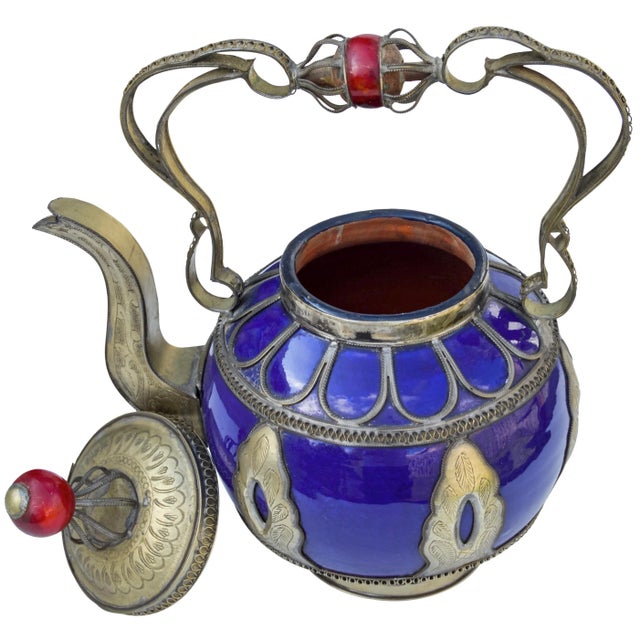 Vintage Moroccan Blue Ceramic Kettle With Silver Engravings For Sale - Image 4 of 8