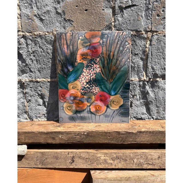 Hand-Painted Ceramic Art Wall Panel or Tile with Flower & Plant Motifs by Traute Lossau for Kupfermühle KMK Keramik, West Germany, 1960s For Sale - Image 9 of 18
