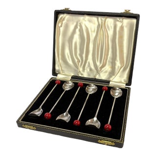 1920's Art Deco Silverplate Cocktail Muddling Spoons Made in England- Set of 6 in Box For Sale
