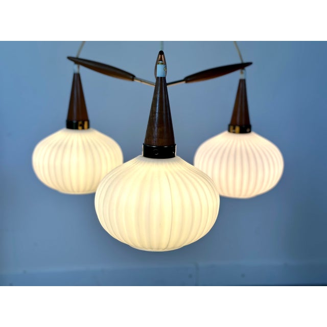 1960s Vintage Scandinavian Chandelier in Brass, Glass, and Teak from Louis Kalff, 1960s For Sale - Image 5 of 12