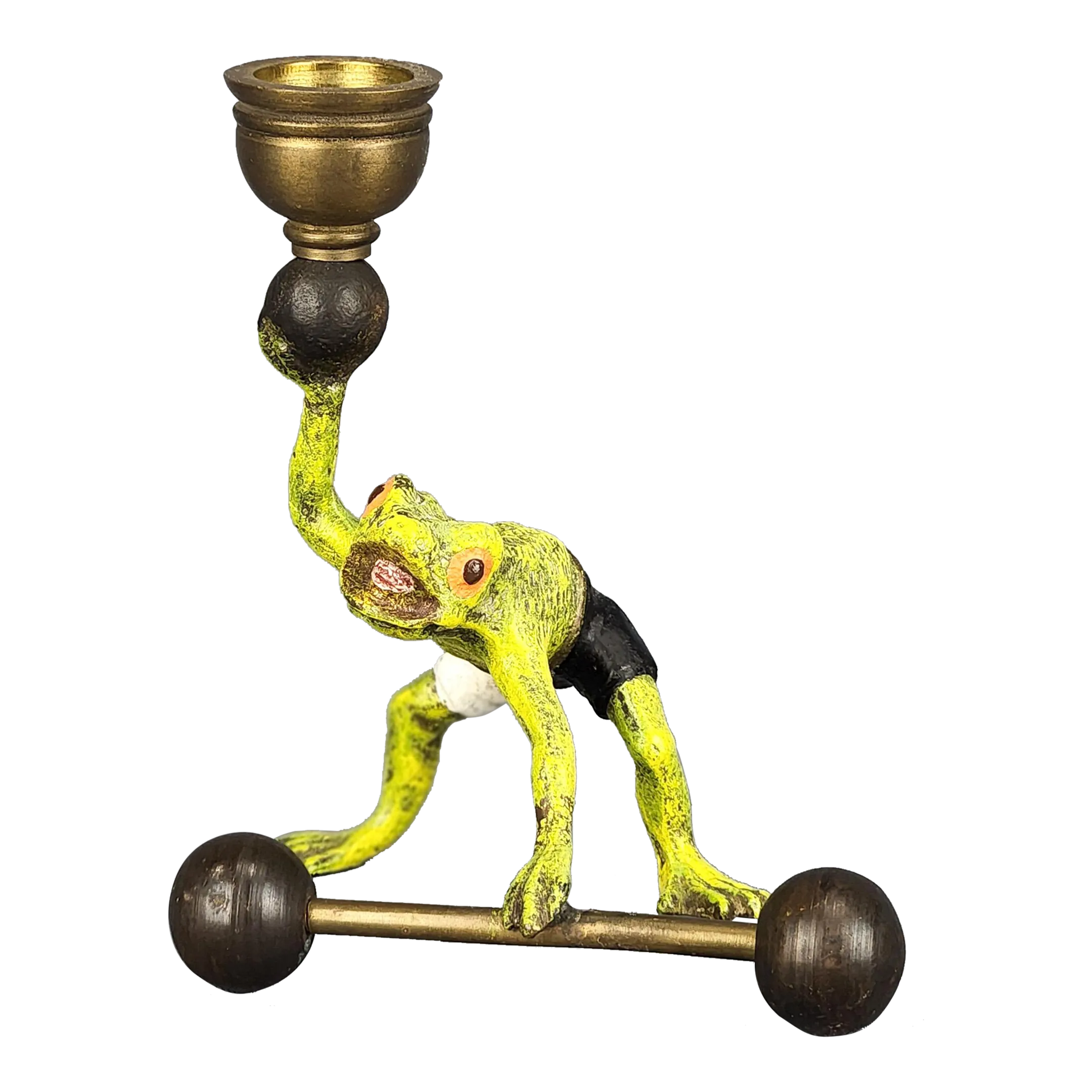 Antique Austrian Cold Painted Bronze Frog Barbell Candlestick