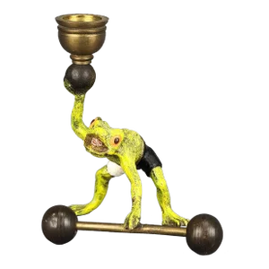 Antique Austrian Cold Painted Bronze Frog Barbell Candlestick Holder Franz Bergmann Era