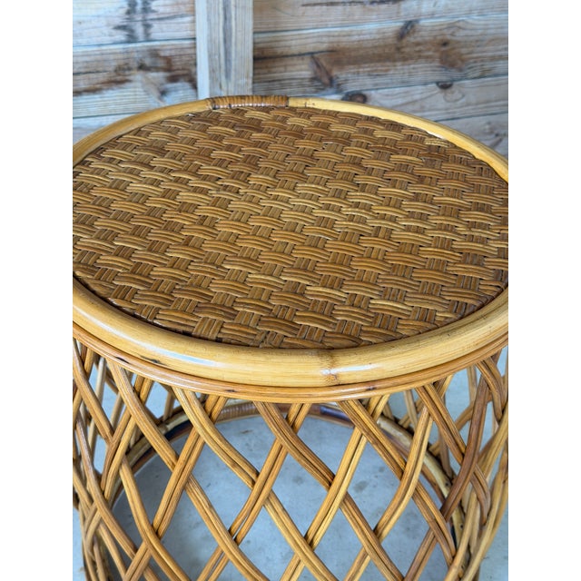 Mid 20th Century Vintage Boho Organic Modern Drum Form Rattan Side Table With Woven Top For Sale - Image 5 of 11