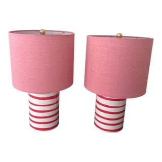 1990s Kate Spade Pink Striped Ceramic Cylinder Lamps Shades - Set of 2 For Sale