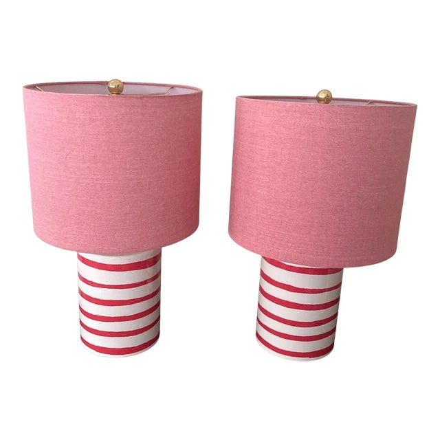 1990s Kate Spade Pink Striped Ceramic Cylinder Lamps Shades - Set of 2 For Sale