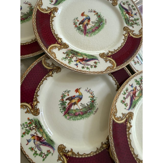 Burgundy 1930s Myott Staffordshire Chelsea Bird Salad Plates Burgundy Gold English China - Set of Eight (8) 7 7/8” For Sale - Image 8 of 11