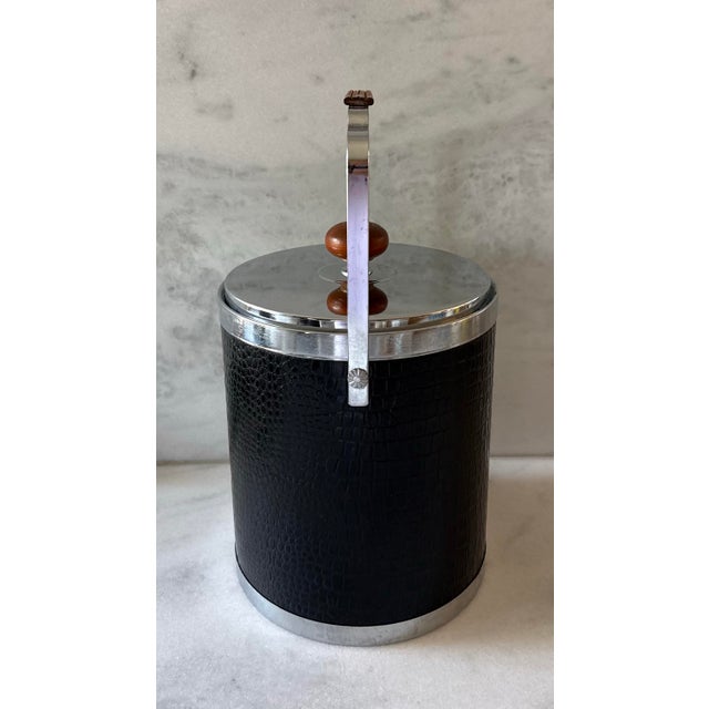 Mid-Century Modern 1960s Mid Century Modern Black Faux Alligator, Chrome and Wood Ice Bucket by Kromex For Sale - Image 3 of 11