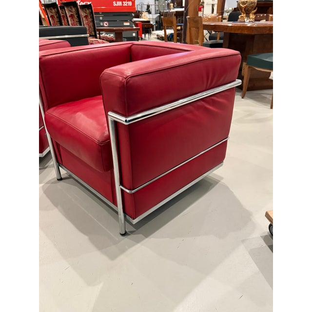 Chrome and Red Leather Club Chairs in the Style of Le Corbusier - A Pair For Sale - Image 12 of 14