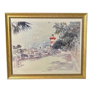 Bj Clark Print S/N Harbour Town Lighthouse Hilton Head Sc in Gilt Frame For Sale