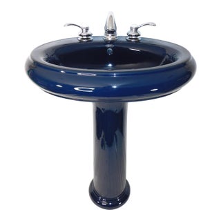 1999 Vintage Kohler Revival Dark Navy Blue Vitreous China Pedestal Sink With Kohler Faucet For Sale