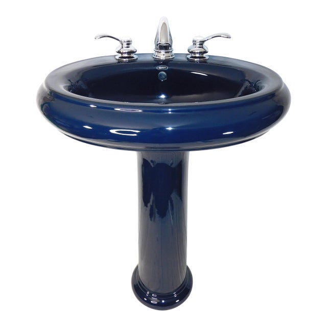 1999 Vintage Kohler Revival Dark Navy Blue Vitreous China Pedestal Sink With Kohler Faucet For Sale