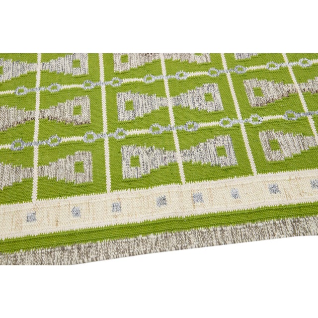 Textile Modern Swedish Style Green Handmade Oversize Wool Rug With Geometric Pattern For Sale - Image 7 of 8