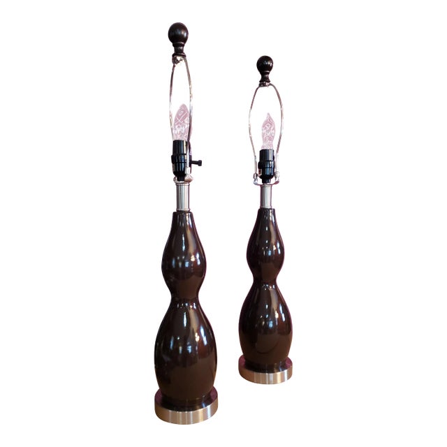 Chocolate Brown Lamps With Round Finials - Set of 2 For Sale