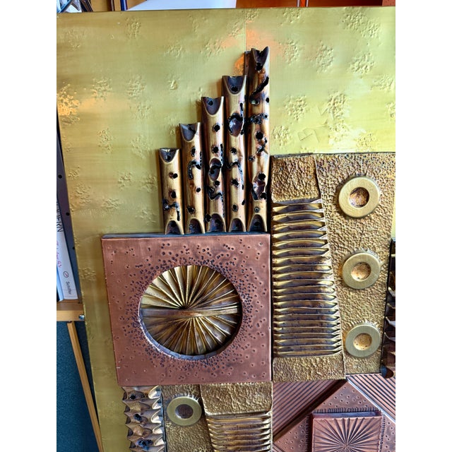 Wood Vintage 1970s Stephen Chun Brutalist Mixed Metal Wall Sculpture Mid Century Modern For Sale - Image 7 of 18