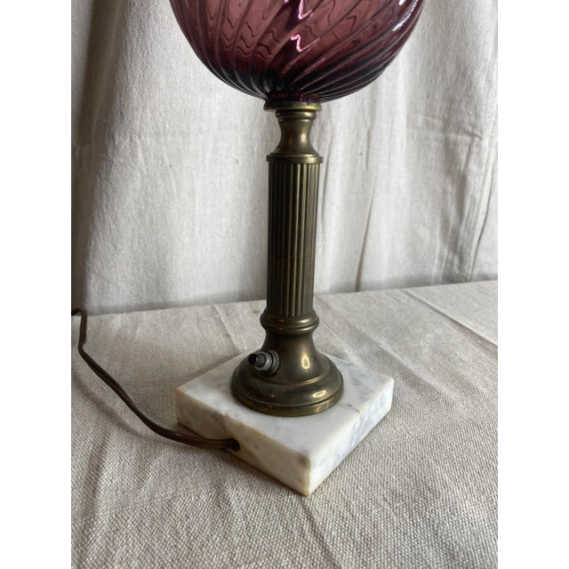 Antique Mulberry Glass and Marble Electricfied Oil Lamp For Sale - Image 4 of 8