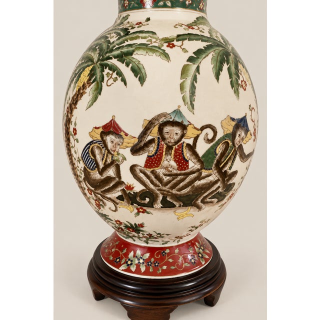 Green Vintage Fredrick Cooper Chinoiserie Asian Ralph Lauren Style Handpainted With Palm Trees & Fez Monkeys Table Lamp For Sale - Image 8 of 11