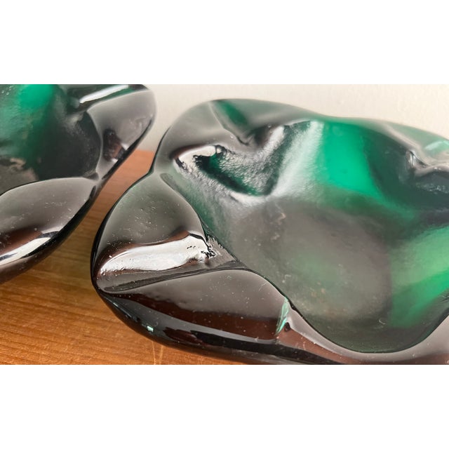 Mid-Century Modern Vintage Blenko Glass Ashtray Set Chunky Green, Pair For Sale - Image 3 of 6