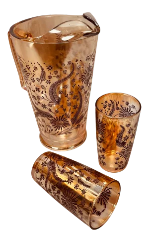 Vintage Jeanette Marigold Carnival Glass Iridescent Cosmos Pitcher Set- 3 Pieces