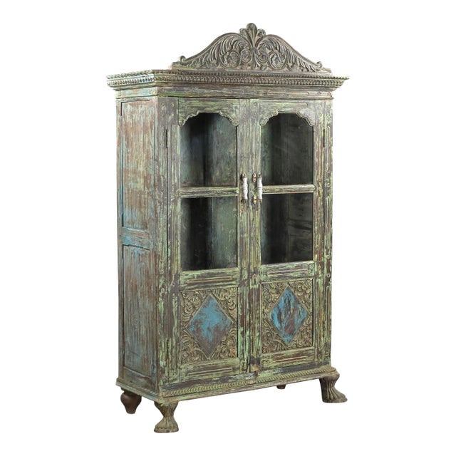 Antique Anglo-Indian Carved and Painted Teakwood Armoire/Bookcase For Sale